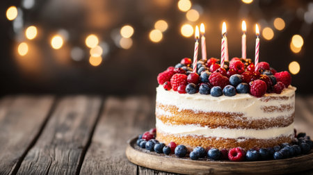 A beautifully decorated naked cake topped with fresh berries and lit candles, ideal for birthdays and special occasions, set against a warm, inviting backdrop of decorative lights.の素材