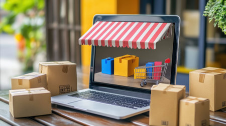 A dynamic image showcasing an online shopping scene with a laptop displaying a shopping cart and colorful packages, surrounded by cardboard boxes, reflecting modern retail trends.の素材