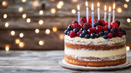 A delightful birthday cake topped with fresh berries and lit candles, placed on a rustic wooden table, exuding charm with soft bokeh lights for an ideal festive atmosphere.の素材