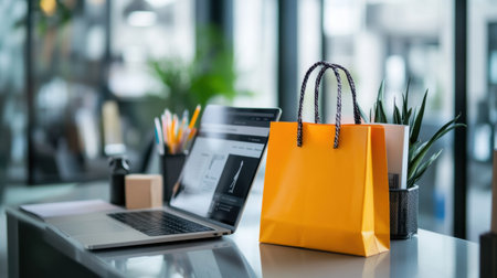 A lively yellow shopping bag sits beside a laptop on a sleek desk, surrounded by plants and stationery, creating an inviting workspace perfect for retail and e-commerce activities.の素材