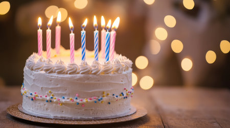 A beautifully decorated cake with colorful candles illuminates a celebration, surrounded by soft bokeh lights. Perfect for capturing joyful birthday moments.の素材