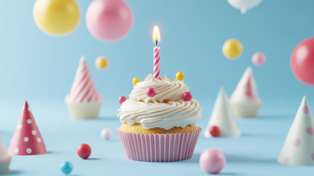 A delightful cupcake with creamy frosting and a candle stands out, surrounded by colorful balloons and party hats, creating a cheerful celebration atmosphere.の素材