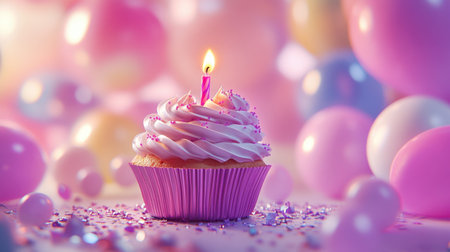 A beautifully crafted birthday cupcake sits elegantly, adorned with pink frosting and a lit candle, set against a backdrop of colorful balloons, creating a festive atmosphere.の素材