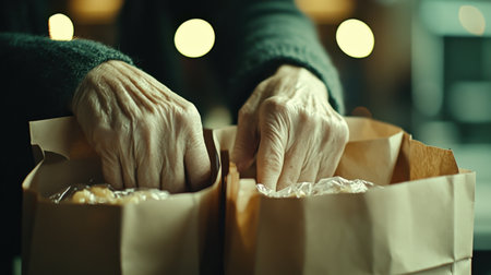 Close-up view of hands belonging to a senior individual engaging with takeaway brown paper bags filled with meals and snacks in a warm, inviting environment.の素材