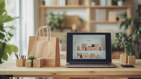 A modern workspace scene featuring a laptop with product mockups, eco-friendly packaging, and lush greenery, creating an inspiring environment for creativity and productivity.の素材