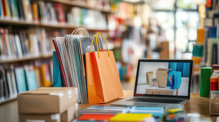 A vibrant workspace features colorful shopping bags and stationery items next to a laptop, creating a visually striking environment ideal for creativity and productivity.の素材