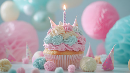 A festive, colorful birthday cupcake featuring pink and blue frosting, topped with a candle, surrounded by balloons and party decorations, perfect for celebrations.の素材