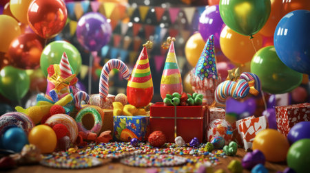 A vibrant and joyful scene filled with colorful party decorations, balloons, hats, and treats, perfect for any festive celebration or gathering that brings happiness and cheer.の素材