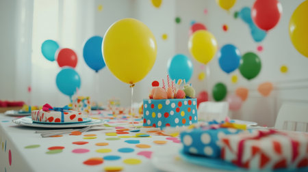 A vibrant birthday party table is arranged with colorful balloons, bright confetti, festive treats, and presents, creating a lively atmosphere perfect for joyful celebrations and gatherings.の素材