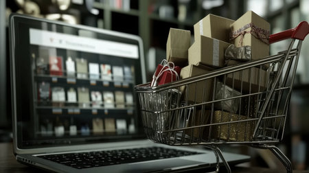 A captivating depiction of modern online shopping, showcasing a filled shopping cart next to a laptop with an e-commerce website, representing the future of retail and consumer habits.の素材