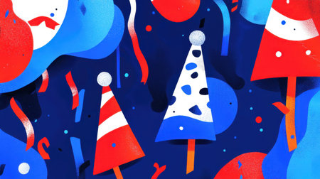A vibrant and colorful abstract celebration design featuring playful party hats against a bold blue background, ideal for holiday themes, events, and cheerful decorations.の素材