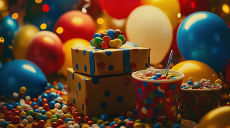 A vibrant party arrangement with colorful balloons, gift boxes, and candies creates a joyful atmosphere perfect for celebrations and special occasions.の素材