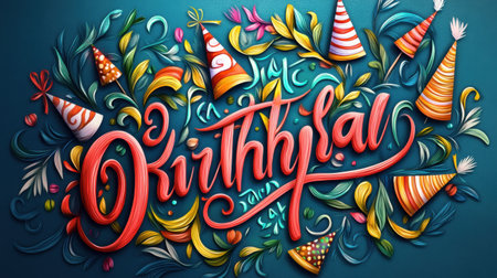 A vibrant and whimsical design showcasing festive party hats intertwined with colorful floral elements, perfect for birthdays or joyful occasions. Charming and celebratory!の素材