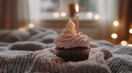 A beautifully styled chocolate cupcake topped with pink frosting and a candle, creating an enchanting atmosphere perfect for celebrations and sweet moments.の素材