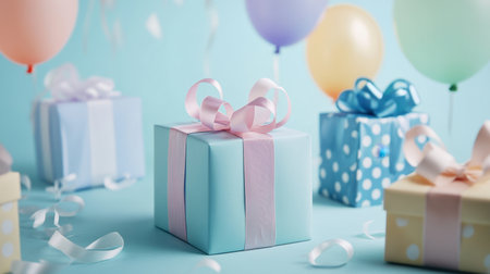A charming display of pastel-colored gifts surrounded by colorful balloons creates a joyful and festive scene, ideal for birthdays and special celebrations.の素材