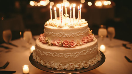 A beautiful three-tiered cake with pink rose decorations and glowing candles, creating a warm atmosphere ideal for weddings and special celebrations.の素材