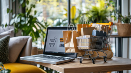 Cozy indoor setting featuring a laptop and miniature shopping cart filled with retail items, emphasizing the modern shopping experience and e-commerce convenience.の素材