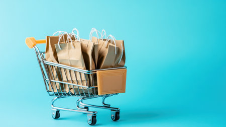 A vibrant shopping cart filled with paper bags showcases the essence of modern shopping, highlighting consumer choices and retail experiences against a cheerful backdrop.の素材