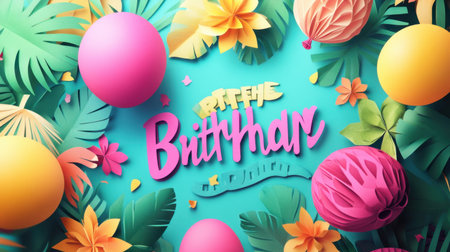 A joyful and vibrant paper art composition celebrating birthdays with bright colors, tropical leaves, and playful design elements perfect for festive occasions and decorations.の素材