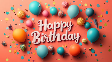 A vibrant birthday scene featuring colorful balloons, decorative elements, and a playful "Happy Birthday" text on a coral background, perfect for party invitations or celebrations.の素材