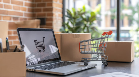A modern workspace featuring a laptop displaying an online shopping cart with a miniature shopping cart and brown boxes, symbolizing the e-commerce experience in retail.の素材