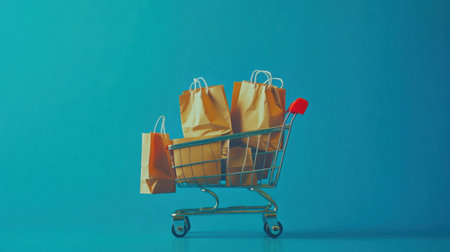 A vibrant shopping cart loaded with brown paper bags set against a bright blue backdrop, ideal for showcasing themes related to retail, shopping experiences, and consumer culture.の素材