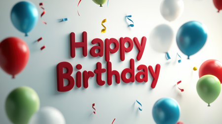 A vibrant birthday scene featuring colorful balloons, lively confetti, and a bold "Happy Birthday" text, perfect for celebrating special occasions and joyful gatherings.の素材