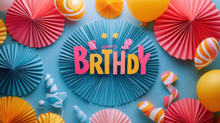 Bright paper fans and cheerful balloons create a vibrant atmosphere for a birthday celebration, perfect for parties, events, and joyful moments. A festive design for happy occasions.の素材