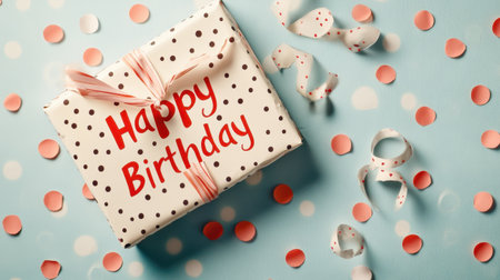 A beautifully wrapped birthday gift box featuring a cheerful "Happy Birthday" message, surrounded by colorful confetti and ribbons, ideal for capturing joyful celebrations.の素材