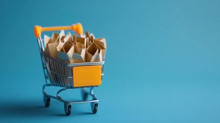 A miniature shopping cart filled with charming paper bags represents the essence of consumerism, providing a modern and stylish touch to the shopping experience against a vibrant blue background.の素材