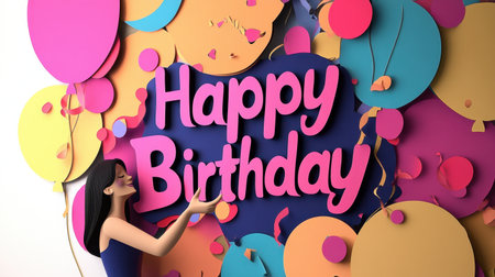 A vibrant and joyful birthday scene featuring a young woman happily embracing a colorful "Happy Birthday" message surrounded by playful balloons and decorations, perfect for festive occasions.の素材