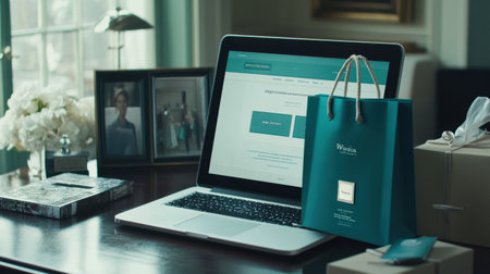 A stylish home office setup featuring a laptop displaying a shopping website, an elegant gift bag, and tasteful decor, creating an inviting workspace atmosphere.の素材