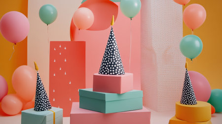 A vibrant birthday party setup featuring colorful gift boxes, playful balloons, and festive party hats, perfect for celebration ideas and joyful events.の素材