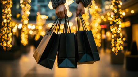 A close-up of hands holding stylish black shopping bags against a backdrop of shimmering warm lights, capturing the excitement of holiday shopping and festive spirit.の素材