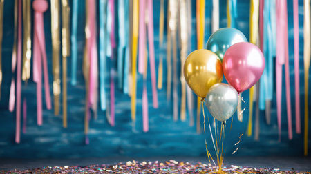 A vibrant display of balloons in assorted colors stands against a blue background, surrounded by confetti and elegant decorations, ideal for parties and joyous celebrations.の素材