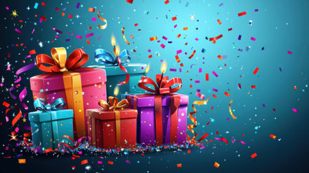 A vibrant display of colorful gift boxes adorned with bright ribbons and surrounded by confetti, capturing the essence of celebration and joyful occasions.の素材