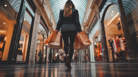 A stylish woman strolls through a vibrant shopping arcade, carrying paper shopping bags. The scene captures the essence of urban fashion and the joy of shopping.の素材