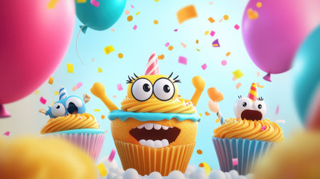 A vibrant celebration featuring cheerful cupcakes with big eyes and playful expressions, colorful balloons, and confetti that create a joyful atmosphere for any festive occasion.の素材