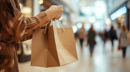 A person is holding brown shopping bags in a vibrant mall environment filled with shoppers, showcasing the excitement of retail therapy in a modern commercial space.の素材