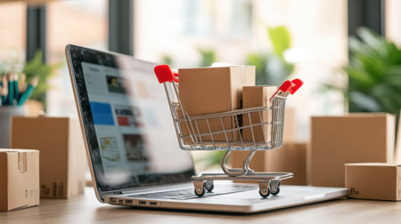 A shopping cart sits atop a laptop amidst cardboard boxes, symbolizing the surge in e-commerce and the convenience of online shopping in todayの素材