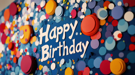 Bright and colorful birthday celebration design featuring cheerful text and playful dot decorations, perfect for invitations, party planning, and event displays.の素材