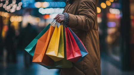 A stylish shopper proudly carries bright paper bags filled with exciting purchases, showcasing a vibrant shopping experience in a bustling urban environment.の素材