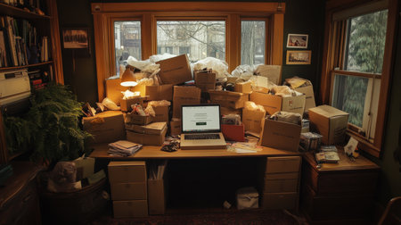A cluttered home office filled with unopened packages and boxes on a desk, illuminated by warm natural light from nearby windows, creating a cozy yet chaotic atmosphere.の素材