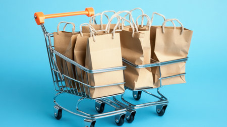 Two shopping carts filled with brown paper bags sit against a vibrant blue background, symbolizing the essence of retail and consumer shopping experiences.の素材