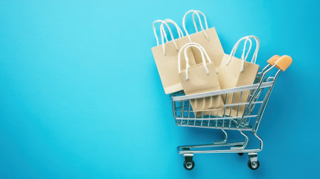 A sleek shopping cart filled with brown paper bags sets against a vibrant blue background, ideal for themes of shopping, retail, and e-commerce marketing visuals.の素材