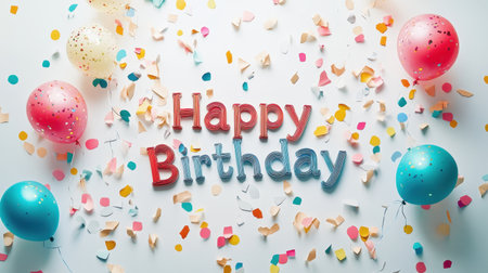 A vibrant birthday celebration scene featuring colorful balloons, cheerful confetti, and a joyful "Happy Birthday" message, perfect for party planning and festive occasions.の素材