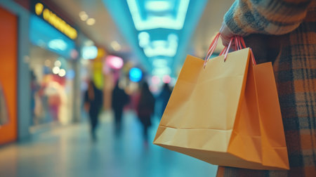 A person stands in a bustling mall holding shopping bags, surrounded by blurred shoppers and vibrant lights, capturing the essence of a lively retail experience.の素材