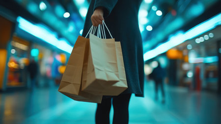 A woman stands in a bustling urban environment at night, confidently holding paper shopping bags while vibrant neon lights illuminate the scene around her.の素材