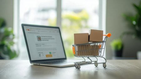 A modern online shopping scene featuring a laptop displaying an e-commerce site and a shopping cart filled with cardboard boxes, set against a bright interior backdrop.の素材