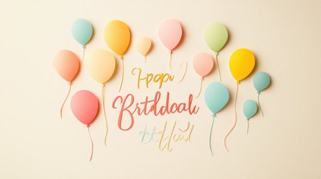 A vibrant arrangement of colorful balloons along with festive text for birthday celebrations, perfect for invitations or decoration ideas with a soft aesthetic background.の素材